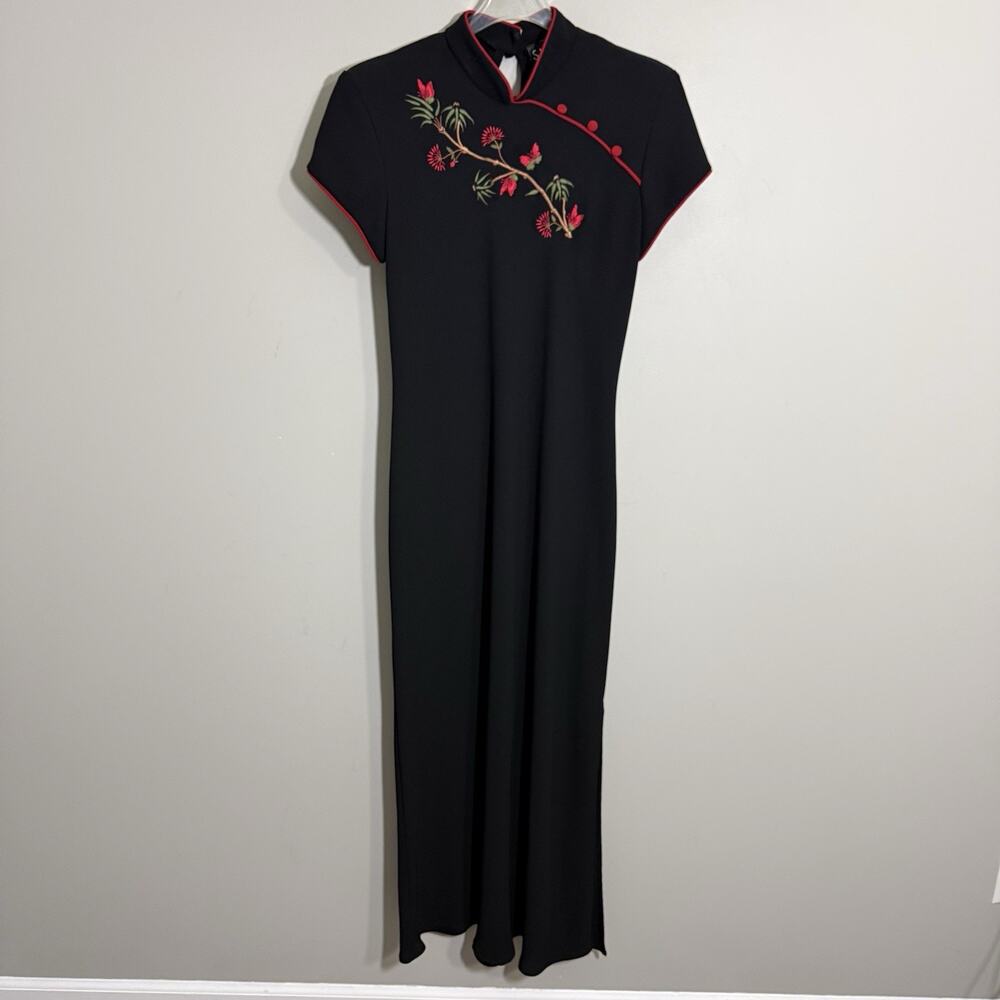 S.L. Fashions Black Floral Embroidered Sleeveless Cheongsam Dress Size 12 READ - Picture 3 of 8